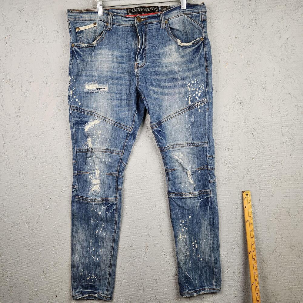 Heritage America Jeans Mens 38x34 Blue Distressed Paint Splatter Slim Fit Denim